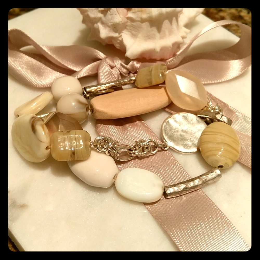WHBM Tan Beaded Bracelet with silver and wood